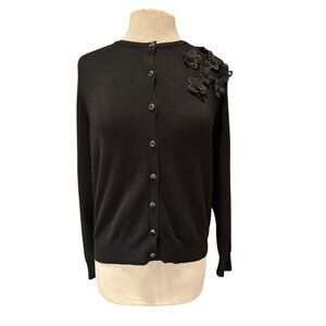 Black Knit Cardigan With Floral Appliques & Bead Detail  Eva & Paige Button-Up S